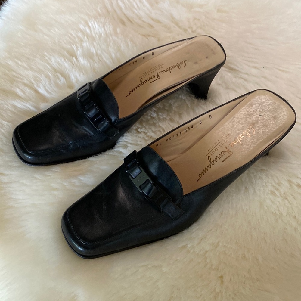 Salvatore Ferragamo Black Leather Healed Mules | Size 8